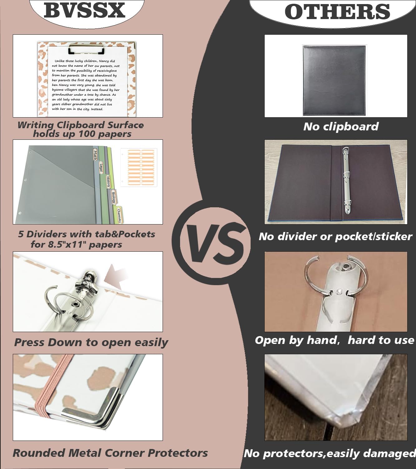 3 Ring Binder 1 Inch for 8.5"x11" Paper, Three Ring Binders with Clipboard, 5 Dividers with Tabs and Pockets, Transparent Folder, 18 Divider Stikers, BVSSX Decorative Binder with Pen Holder,Leopard - Image 3