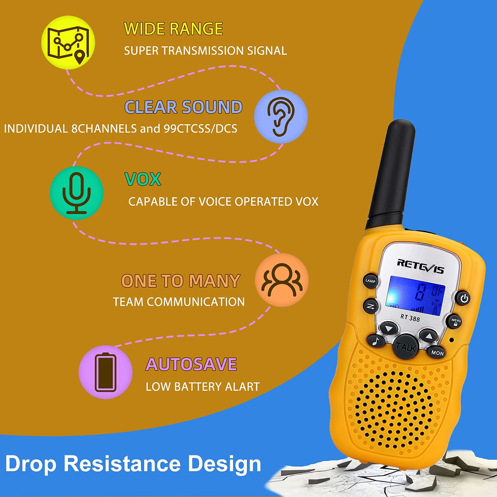 Retevis RT388 Walkie Talkie Bambini, Giocattoli Bambini con Serratura a Chiave VOX a Lungo Raggio Compleanni e Vacanze, 3-12 Ragazzi per Attività Esterna e Interna (1 Paio, Giallo)