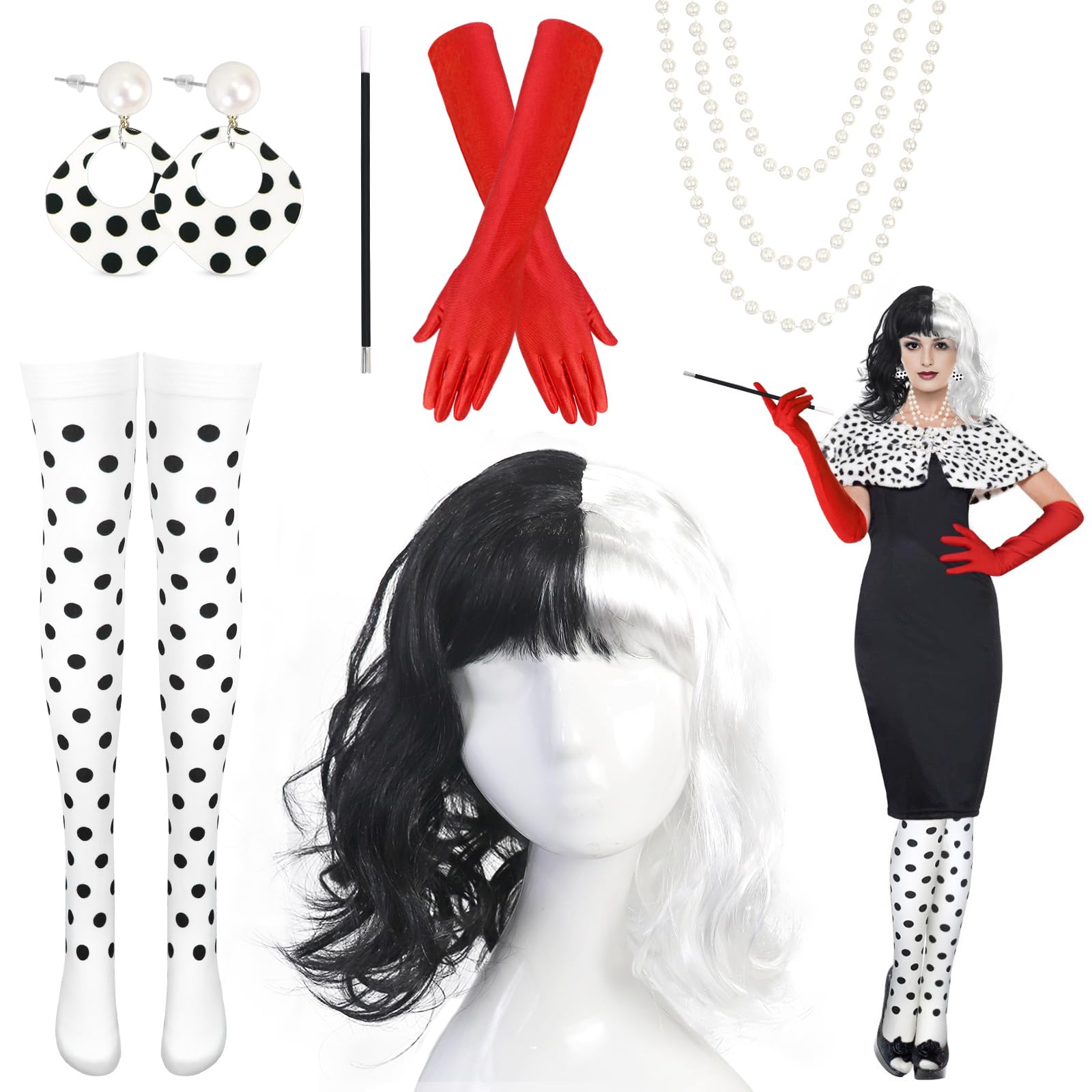 9pcs Deville Costume Accessories Set, Deville Cosplay Wig with Earrings Pearl Necklace Knee High Socks Long Gloves Handheld Props, 70s Women Fancy Dress for Halloween World Book Day Cosplay Party