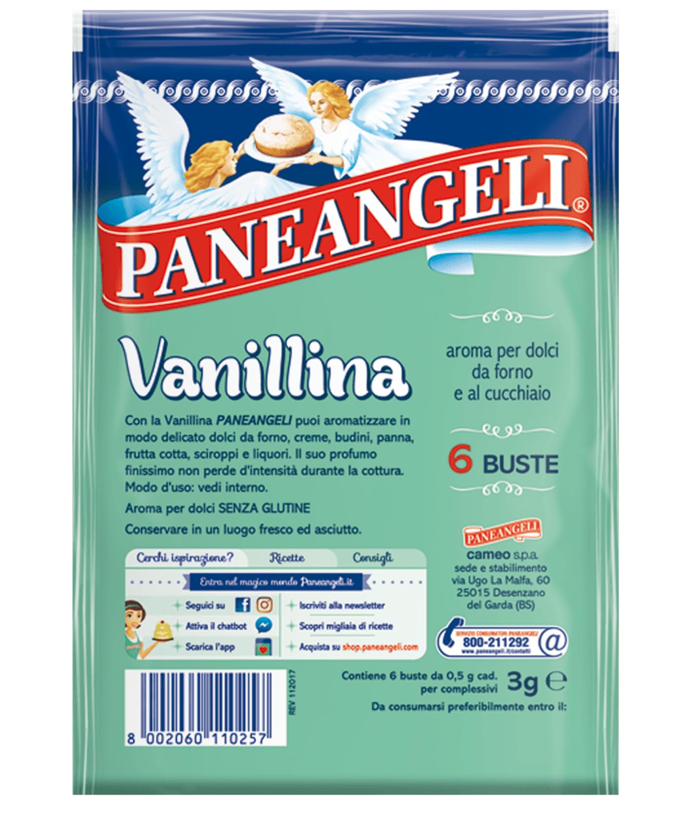 50x Paneangeli Vanillina - Pulverförmiges Aroma für Gebackene Desserts und Kuchen - 6 Beutel à 0,5g + Beni Culinari Kostenloser Schlüsselanhänger