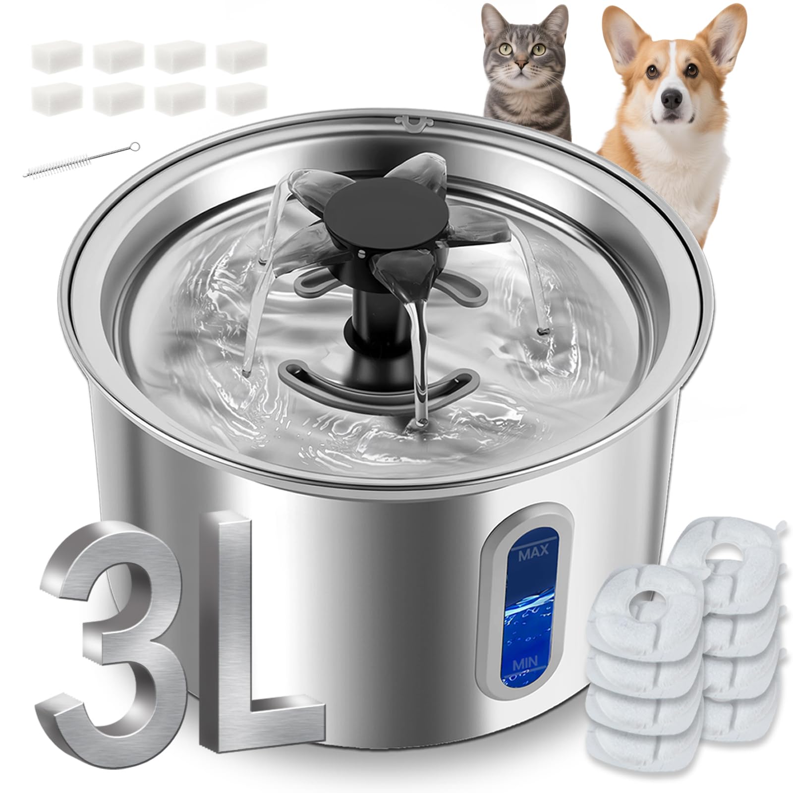3L/101oz Stainless Steel Cat Water Fountain for Indoor Use (Includes 8 Filters) and 15 Pack Cat Water Fountain Replacement Filters - image 2