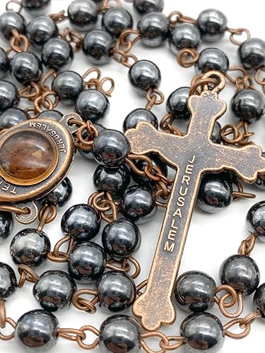 Vista 13 de Nazareth Store Hematite Rosary Beads Black Stone Catholic Rosary Necklace with Jerusalem Holy Soil & Cross Antique Religious Rosaries Beads Negro