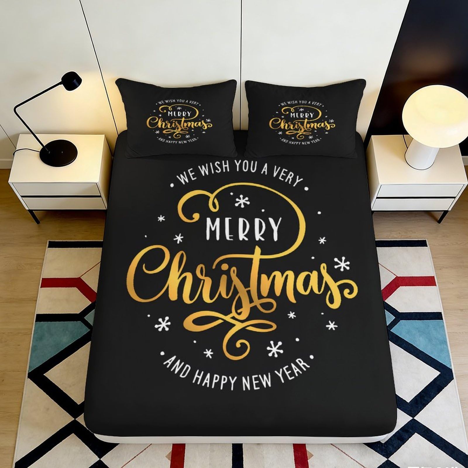 3D Printed Merry Christmas Fitted Sheet Microfiber Soft Breathable Holiday Bed Cover with Snowflake Design Mattress Cover for Bedroom Dormitory Guest Room 160x200x25cm