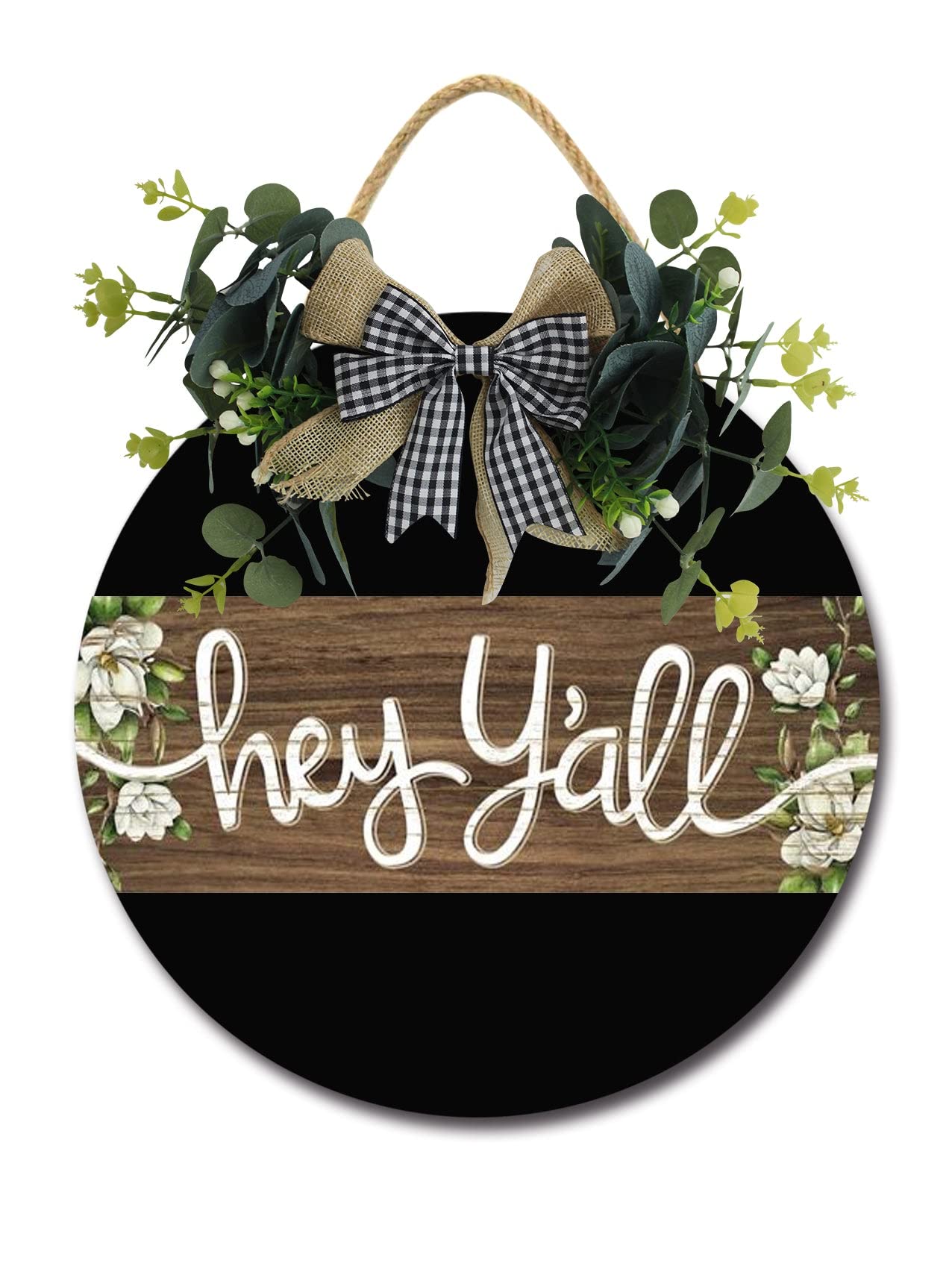 Hey Y'all Front Door Sign Funny Wreaths Hanging Wooden Plaque Decoration Round Rustic Wood Farmhouse Porch Decor for Home Front Door Decor, 12 x 12
