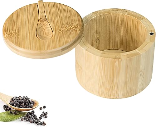 Miniatura 6 de Prefdo Caja de bambú para sal y pimienta con tapas, bodega de sal dividida con tapa giratoria y mini cuchara, contenedores de almacenamiento de