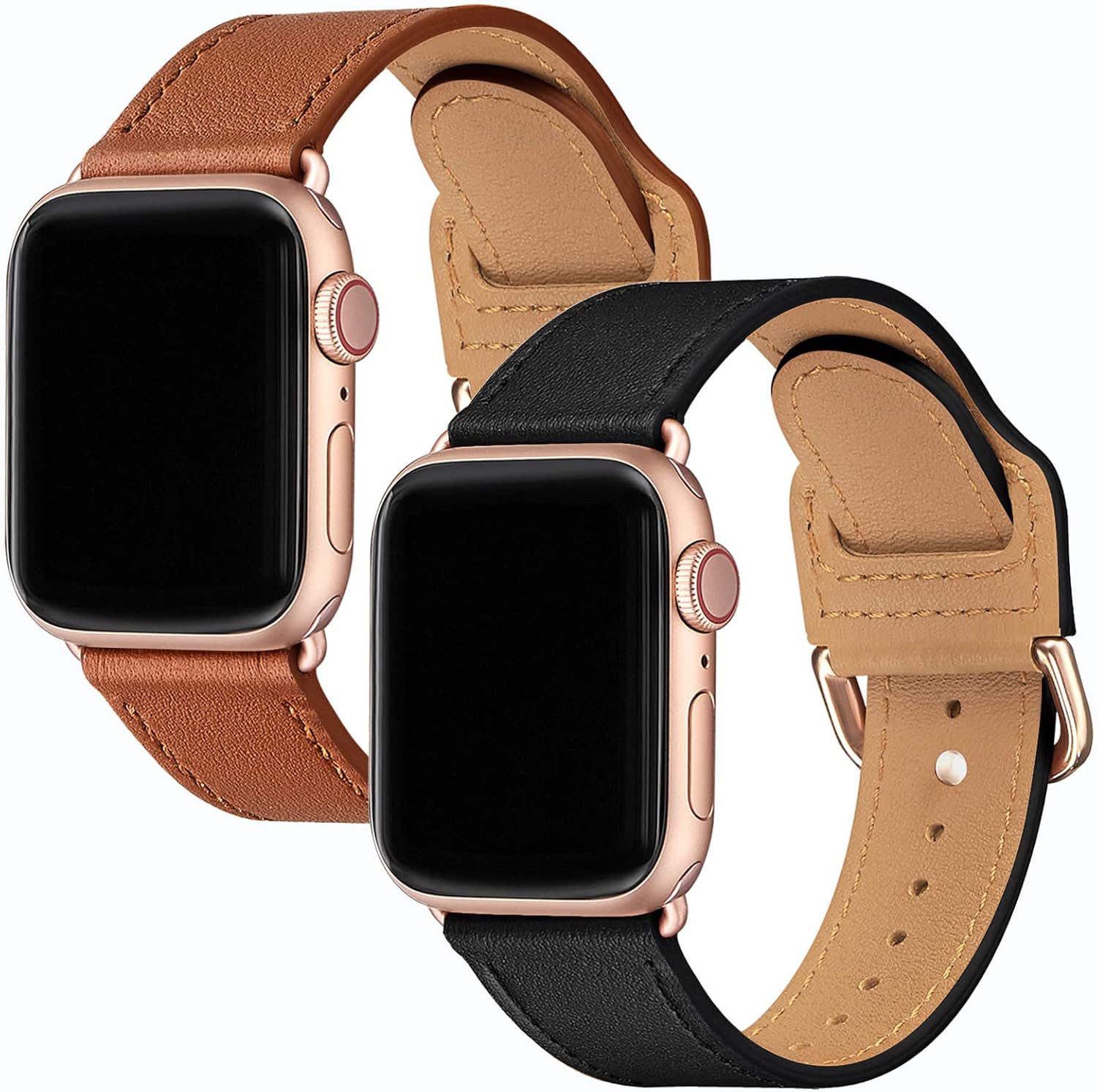 POWER PRIMACY Bands Compatible with Apple Watch Band 38mm 40mm 41mm 42mm for Men Women iWatch Series 10/9/8/7/6/5/4/3,SE(Black/Brown +Rosegold Connector)