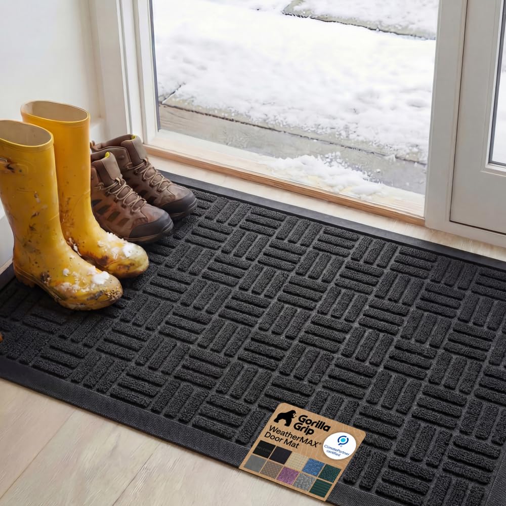 GORILLA GRIP 100% Waterproof All-Season WeatherMAX Doormat, 47x35, US Designed Natural Rubber, Stain and Fade Resistant, Low Profile Indoor Outdoor Door Mats, Easy Clean Patio Mat, Black Maze