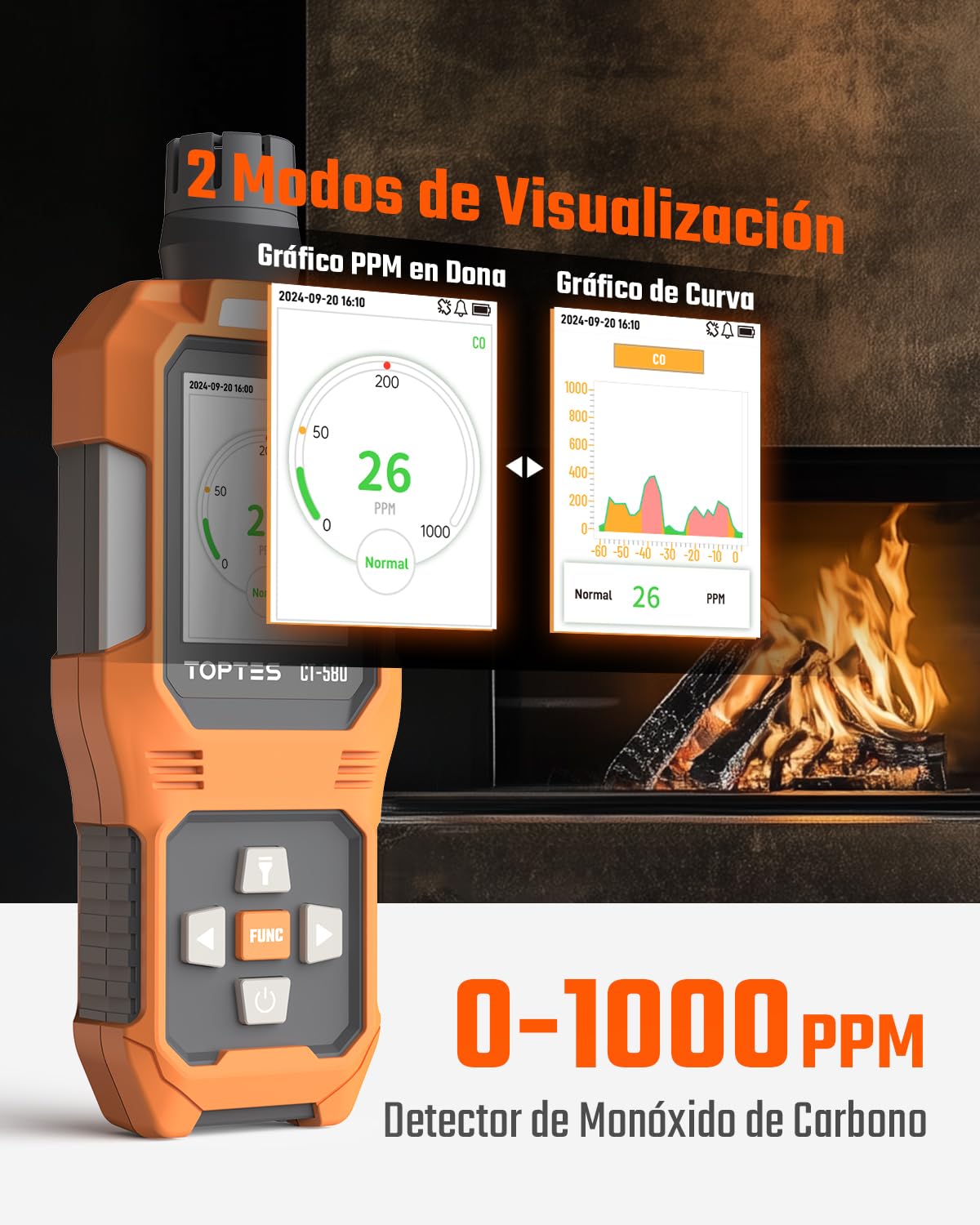 TOPTES CT-580 Detector de monóxido de Carbono, Detector de CO Recargable con alarmas por vibración, visuales y audibles, Alarma CO portátil, 0-1000PPM para el hogar, Coche, Camping y Viajes