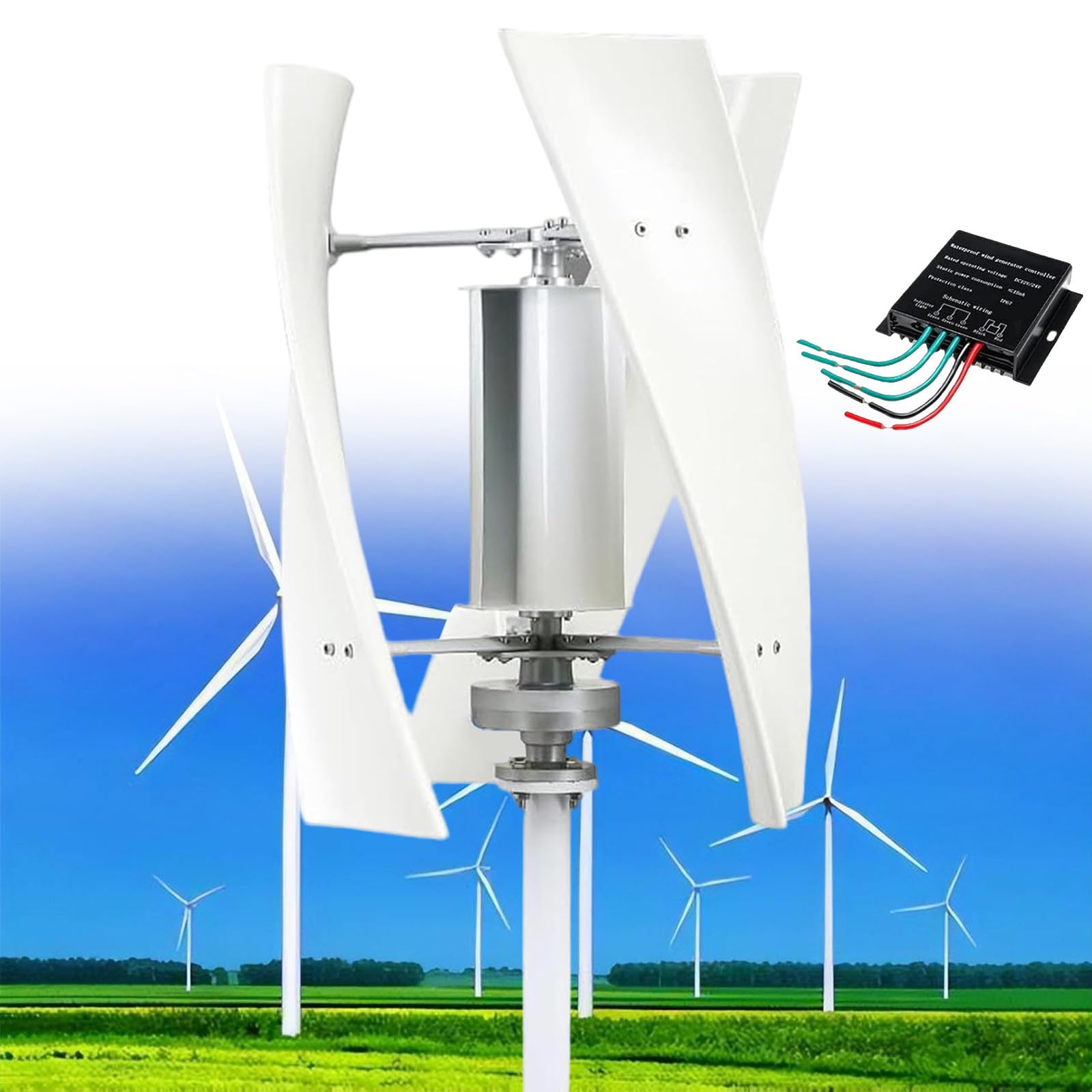 Kit Generatore Eolico da 14000W con Controller Mppt, 12V/24V/48V/110V/220V Verticale a Turbina Eolica, Attrezzatura per il Produttore di Elettricità, Kit di Energia per La Casa,White-220V