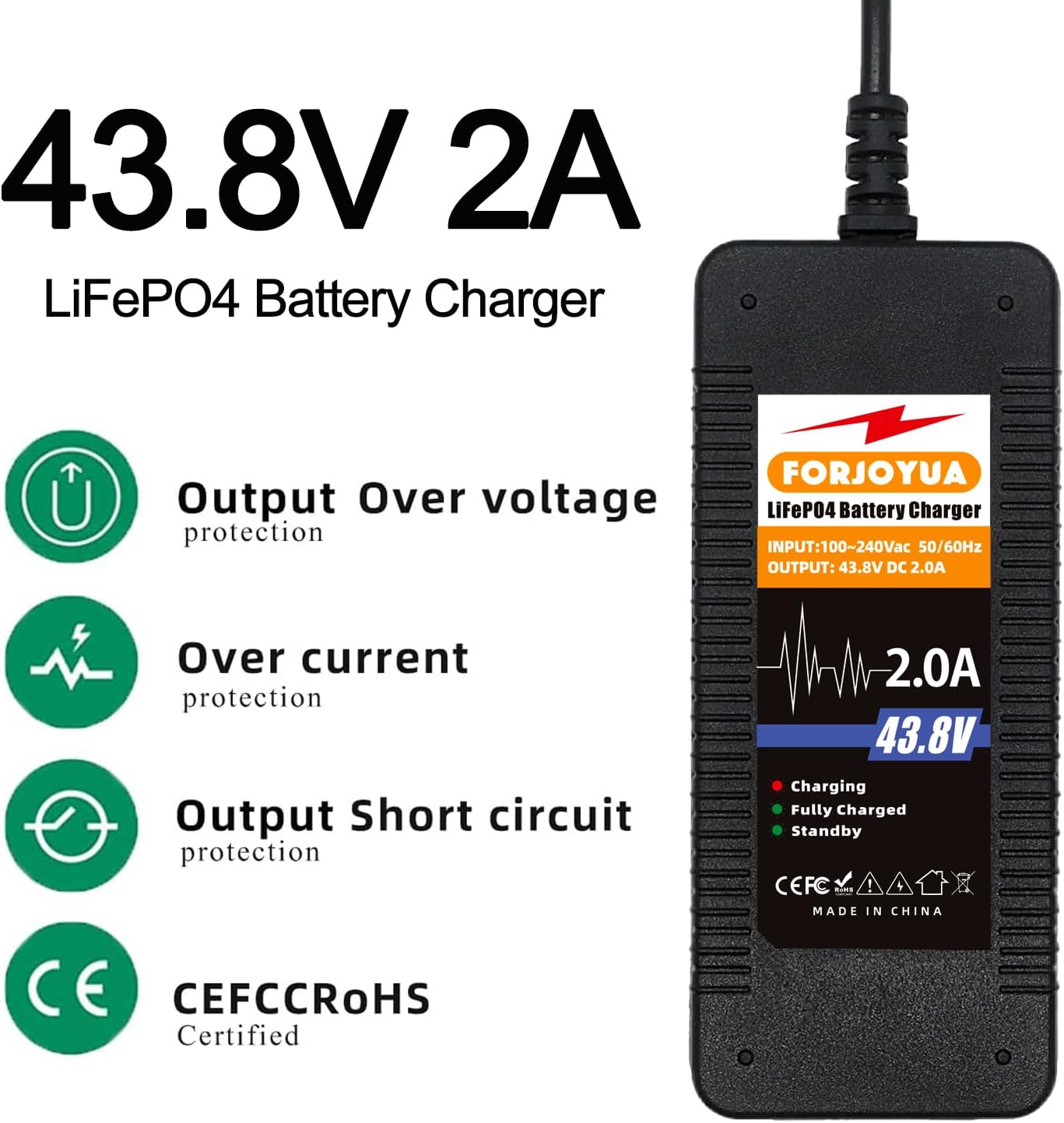 43.8V 2A Battery Charger with 3Pin-XLR Connector for 38.4V 12S LiFePO4 Battery Pack
