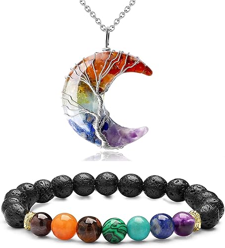 Collar de cristal curativo de 7 chakras, árbol de la vida, envuelto en alambre con piedras de chakra de luna creciente y collares con colgante de