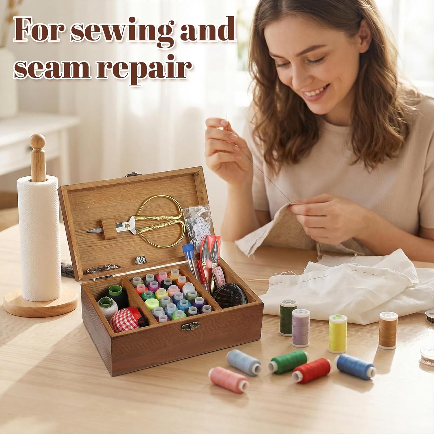 Lyksgir Wooden Sewing Kit Box, Wooden Home Sewing Repair Tool Kit, Vintage Universal Sewings Basket with Sew Accessories, Hand Sewings Kits for Beginners, Women, Men