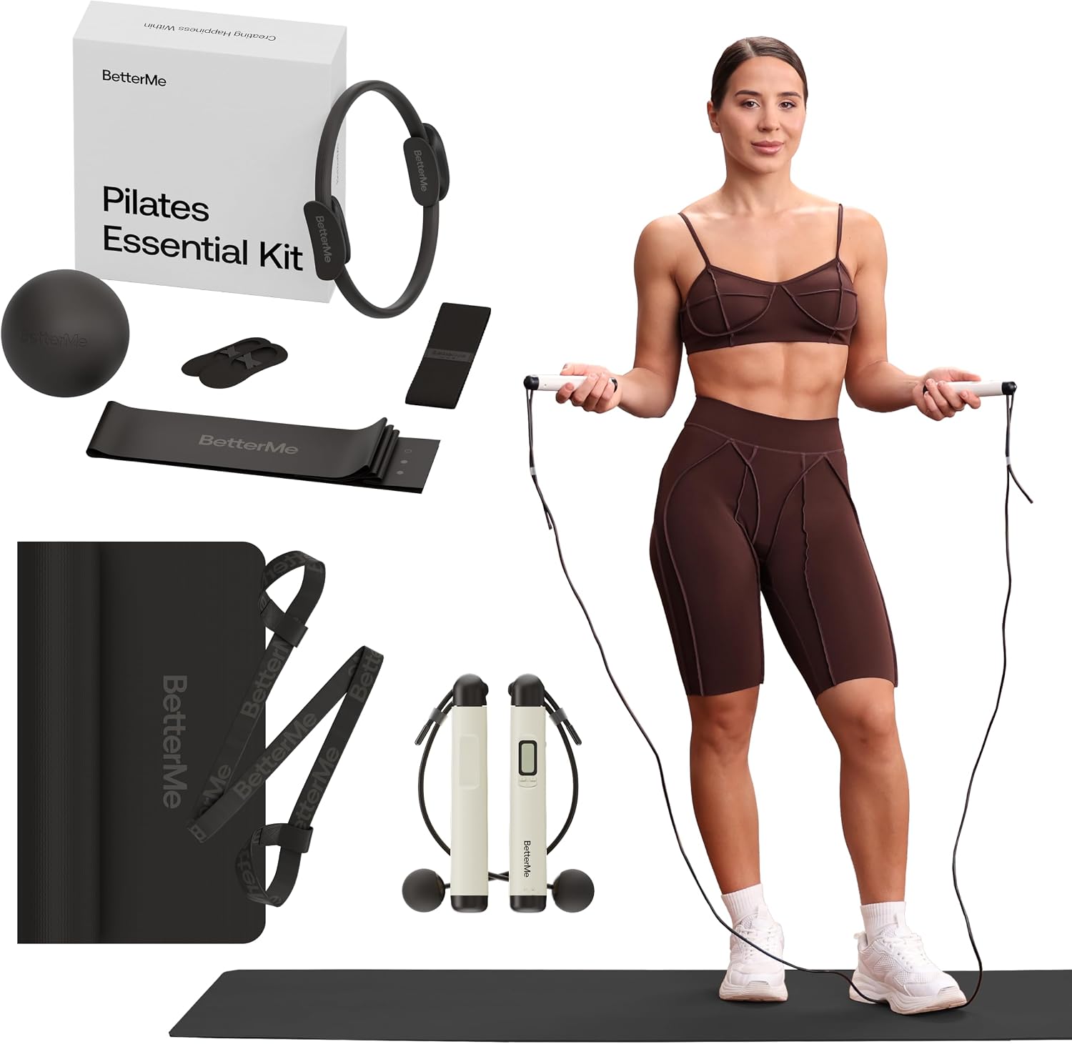 BetterMe Pilates Essential Kit with Yoga Mat and Cordless Jump Rope - Ring, Long Resistance Bands, Loop Bands, Pilates Ball, Grip Socks, Exercise Mat with Strap and Jump Rope with Coun