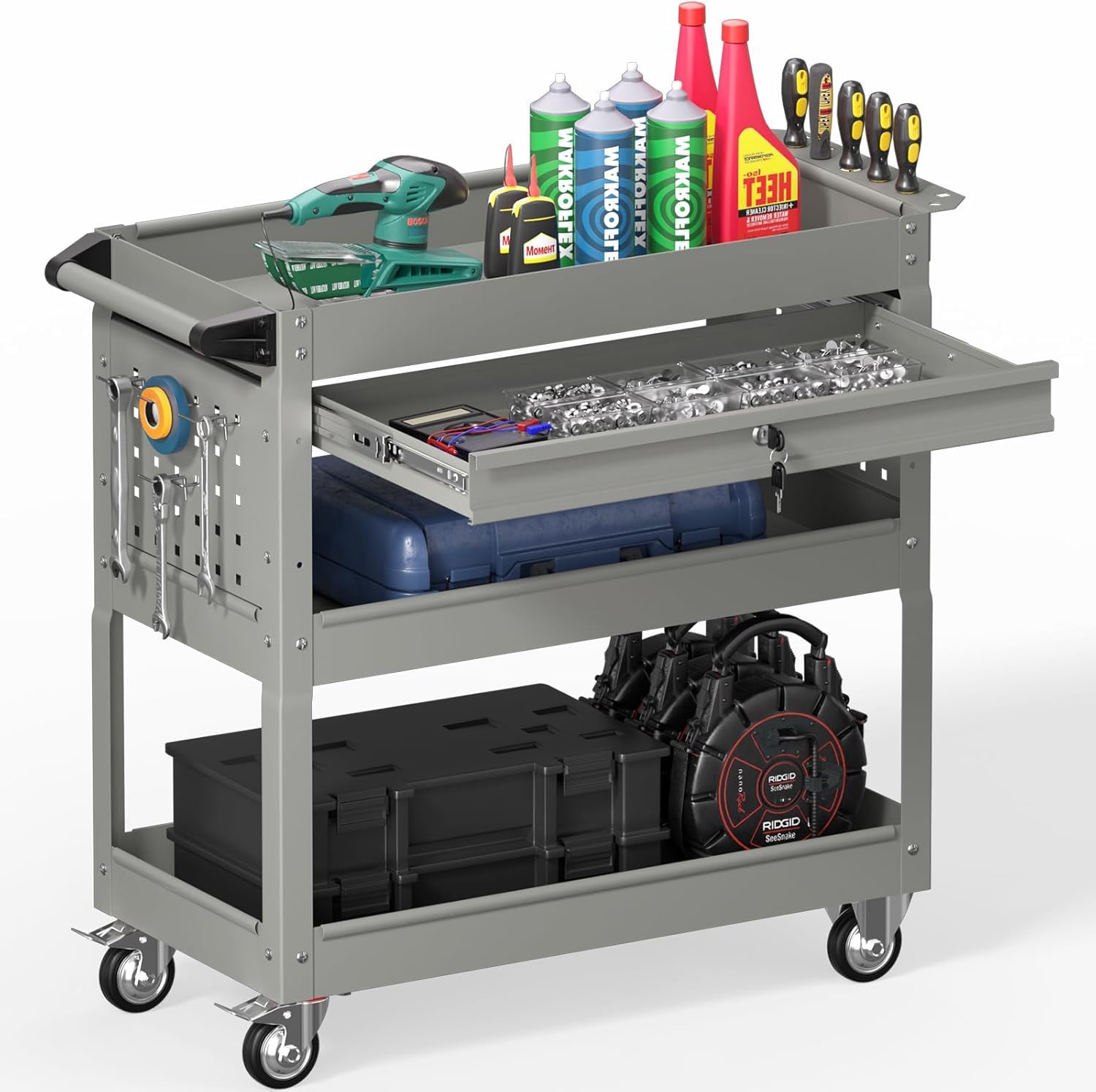 Carrello porta attrezzi con 3 livelli, portata 250 kg, carrello da officina (grigio) | Carrello portautensili a 2 ruote con freno di stazionamento, banco da lavoro con cassetti, carrello multifunzione