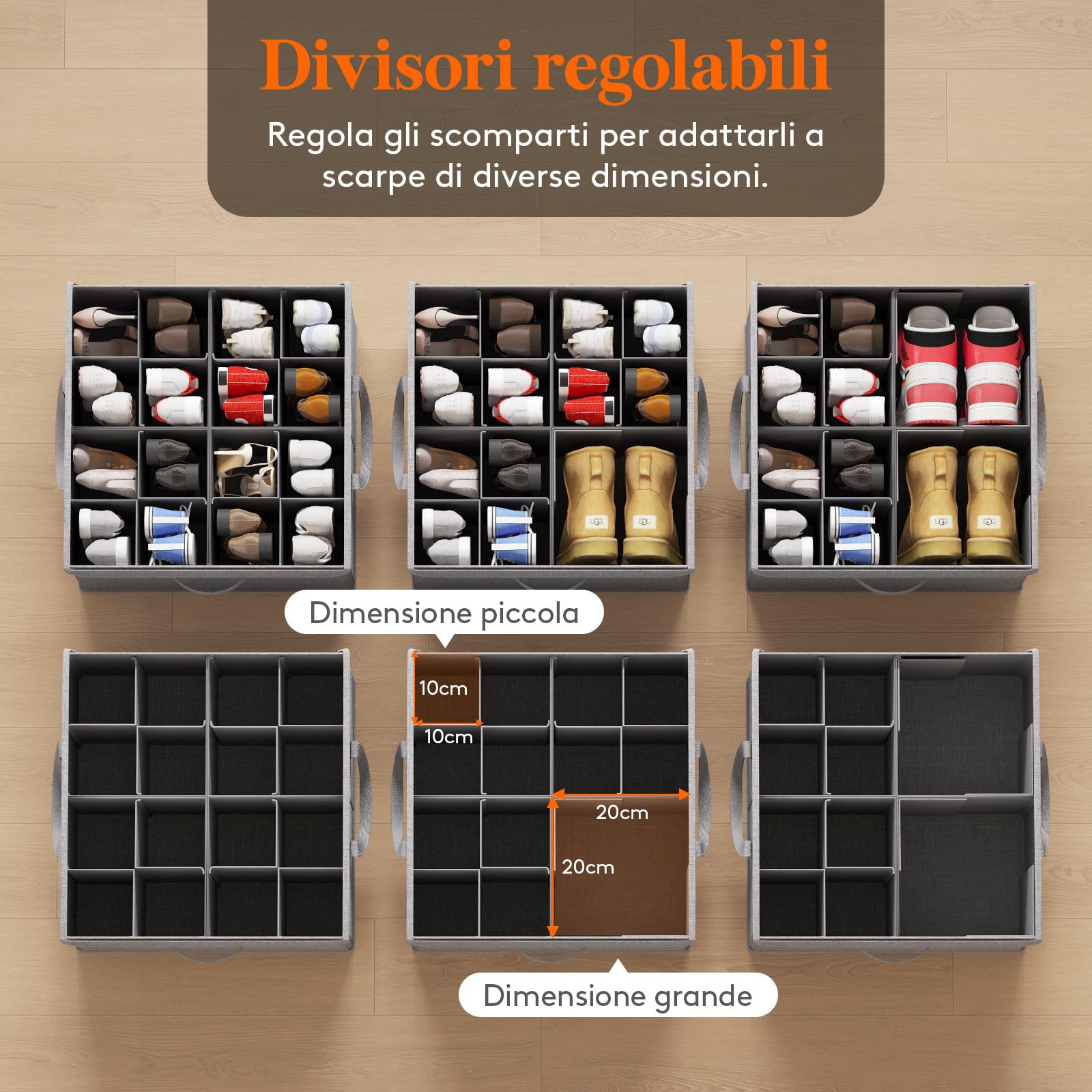 Lifewit Scatola Scarpiera da Armadio, Organizer Scarpe Pieghevole, Divisori Regolabili con Coperchio Trasparente, Porta Scarpe con Supporto Inferiore e Manici Rinforzati, Grigio, 4-16 Paia