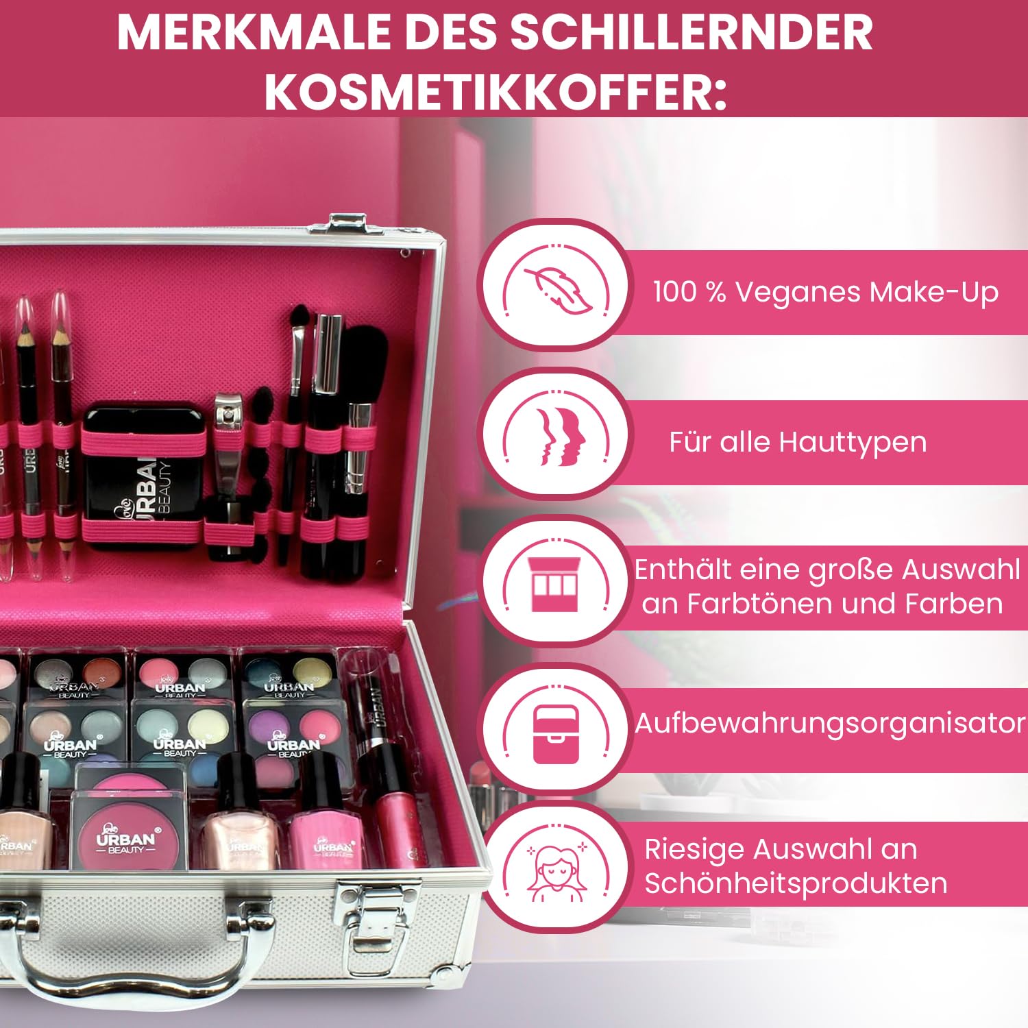 LOVE URBAN BEAUTY Veganes Glänzender Schminkkoffer - 60-teiliges Schmink- und Nagelset für Teenager - Elegante silberne Box - Kompaktes und leichtes Design - Reisefreundliches Schminkset für Frauen