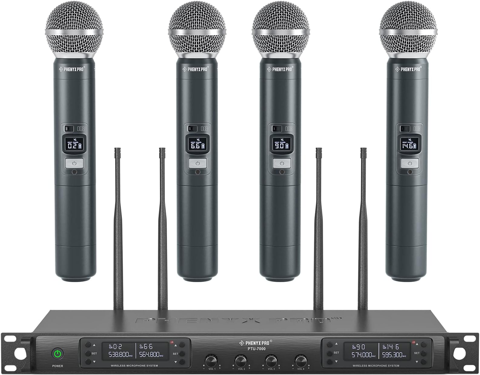 Phenyx Pro Wireless Microphone System, Quad Channel Wireless Mic, w/ 4x40 UHF Frequencies, Auto Scan, 328ft Long Range, 4 Handheld Dynamic Microphone for Singing, Church, Karaoke (PTU-7000-4H)
