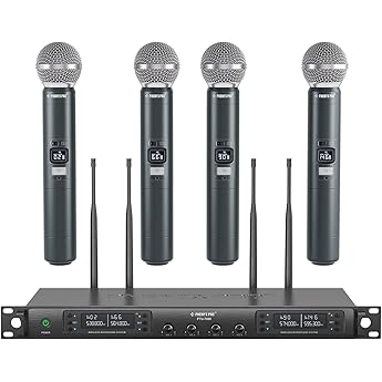 Phenyx Pro Wireless Microphone System, Quad Channel Wireless Mic, w/ 4x40 Channels, 4 Handheld Dynamic Microphones,Auto Scan, Long Distance 328ft, Microphone for Singing, Church, Karaoke (PTU-7000A)