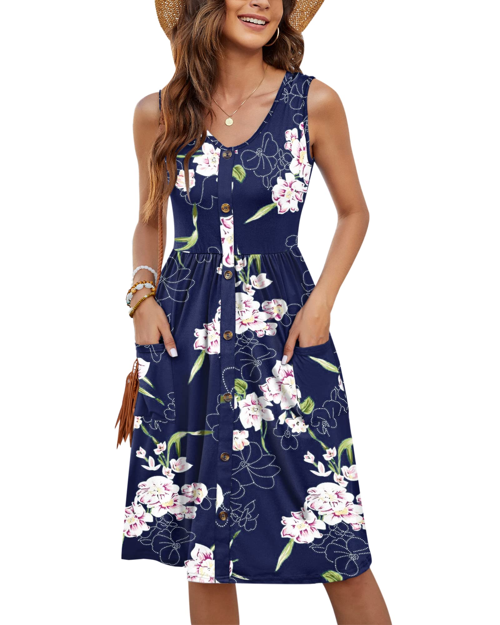 MOLERANI Women Summer Dresses Sleeveless Casual Loose Swing Button Down Midi Dress with Pockets