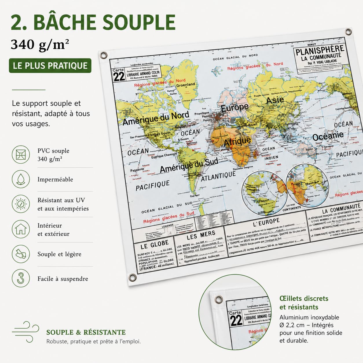Carte Vidal Lablache N° 20 - AMERIQUE DU SUD - POLITIQUE - 120 x 100 cm (reproduction ancienne carte scolaire) - Bâche 340 g/m²