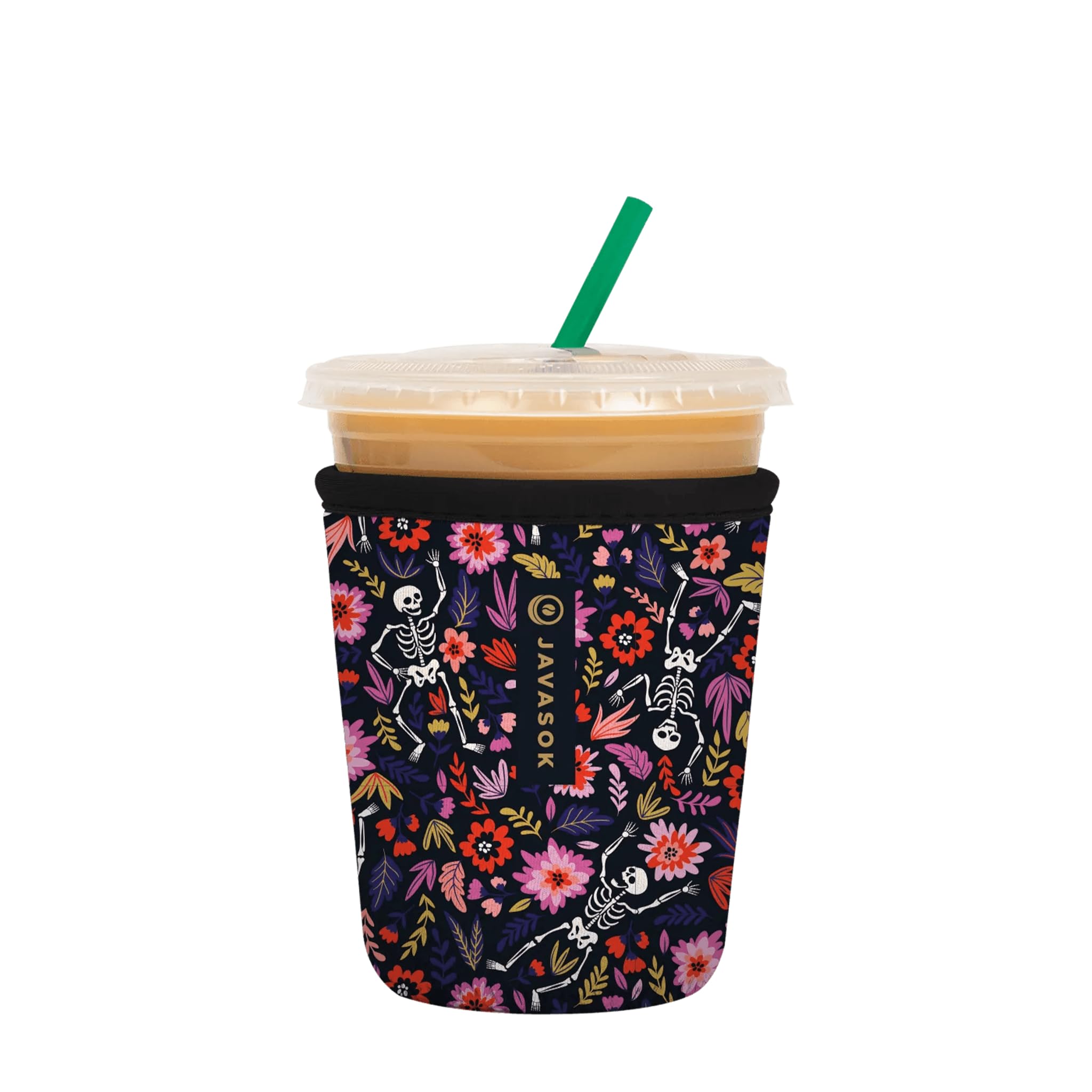 Sok It JavaSok Iced Coffee &amp; Cold Soda Insulated Neoprene Cup Sleeve (Floral Skeleton, Small: 16-20oz)
