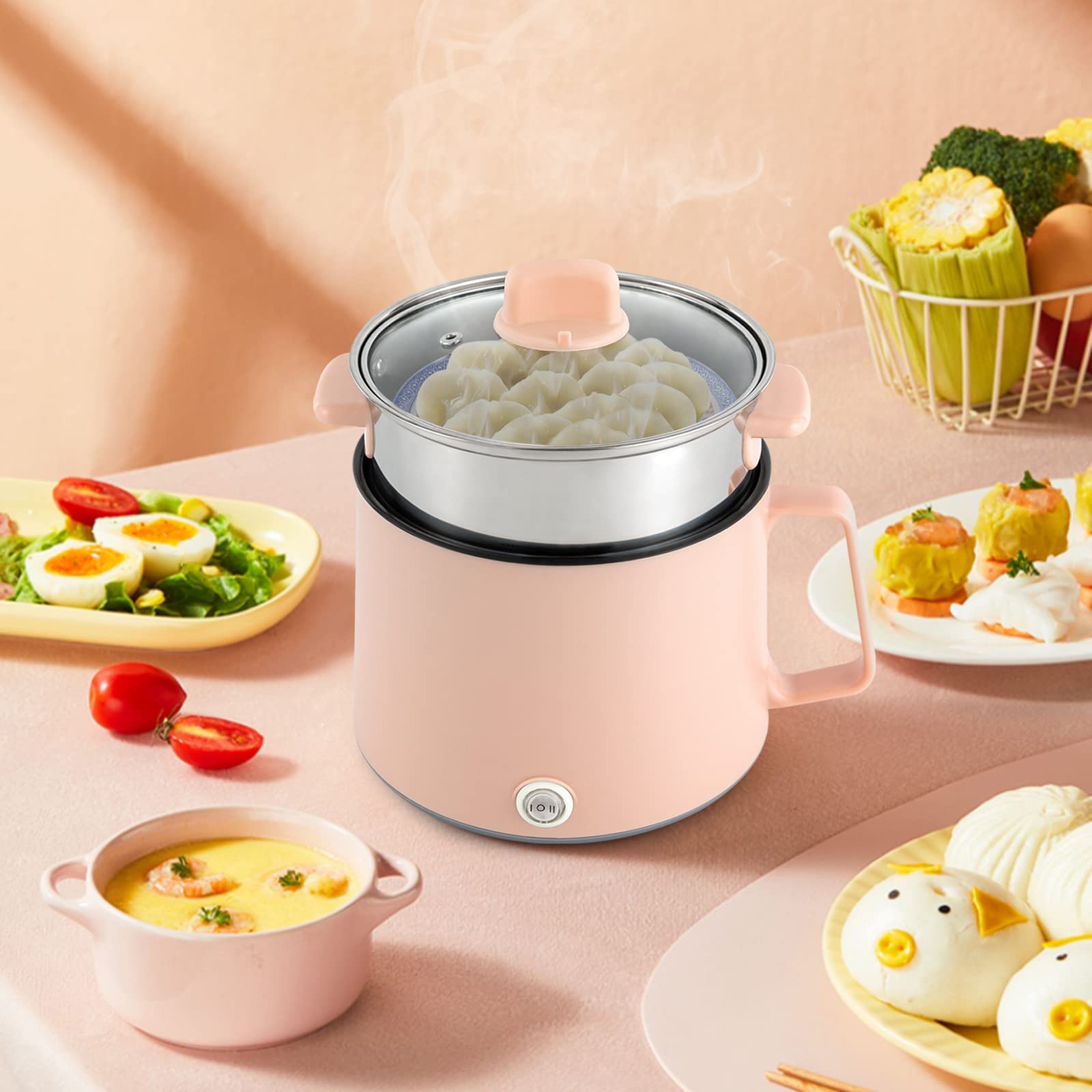 Olla de fondue eléctrica con cesta de vapor 1,7 litros olla de viaje portátil para cocinar sopa de fideos, adecuada para dormitorios, fiestas y viajes (rosa)