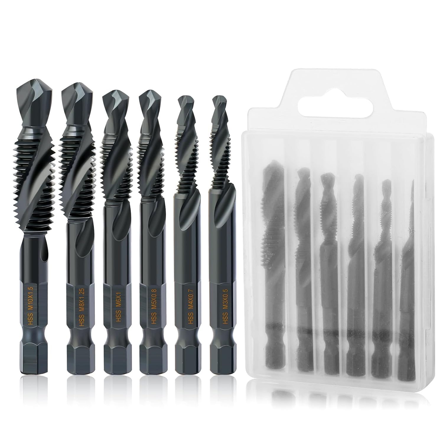 Hakkin 6PCS Combination Drill and Tap Bit Set Thread Tap Drill Bits, M3 M4 M5 M6 M8 M10 Metric Drill Bit Set, 1/4" Hex Shank Hss 4341 Screw Tap Drill Bits with Anti-Rust Black Coating
