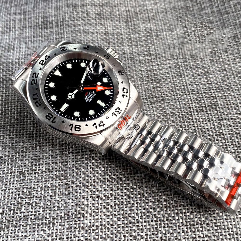 39 mm klassische NH34 Herren-Armbanduhr, automatisch, mechanisch, GMT, schwarzes Zifferblatt, Edelstahl, Saphirglas, wasserdicht