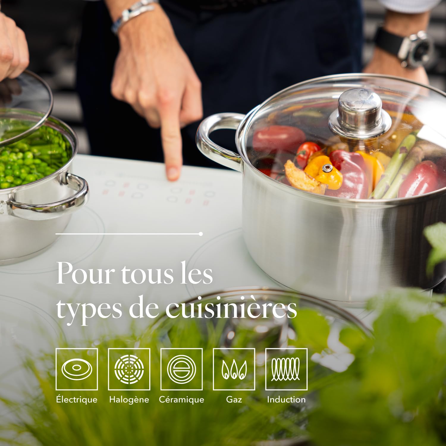 FLORINA - Ensemble de Casseroles (Lot de 8) I Casserole Inox POLPO I Pour Induction, Gaz I Avec Couvercle en Verre I Batterie de Cuisine I Acier Inoxydable