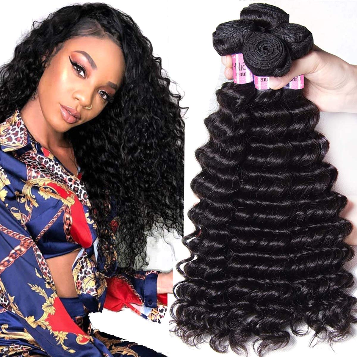 UNICEHair Kysiss Series Brazilian Deep Wave Hair 3 Bundles 100% Unprocessed Virgin Hair Human Hair Weave Extensions Natural Color (16 18 20)