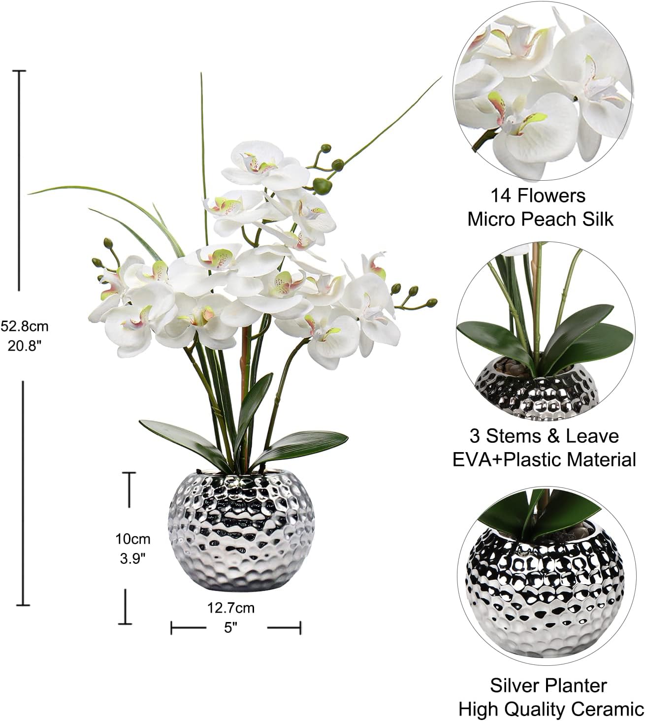 Orchids Artificial Flowers 20.8'' Faux Orchid Flower Arrangement Fake Orchid White Flower with Silver Ceramic Vase Phalaenopsis Orchid for Home Office Bathroom Table Centerpieces Decor, Briful - Image 2