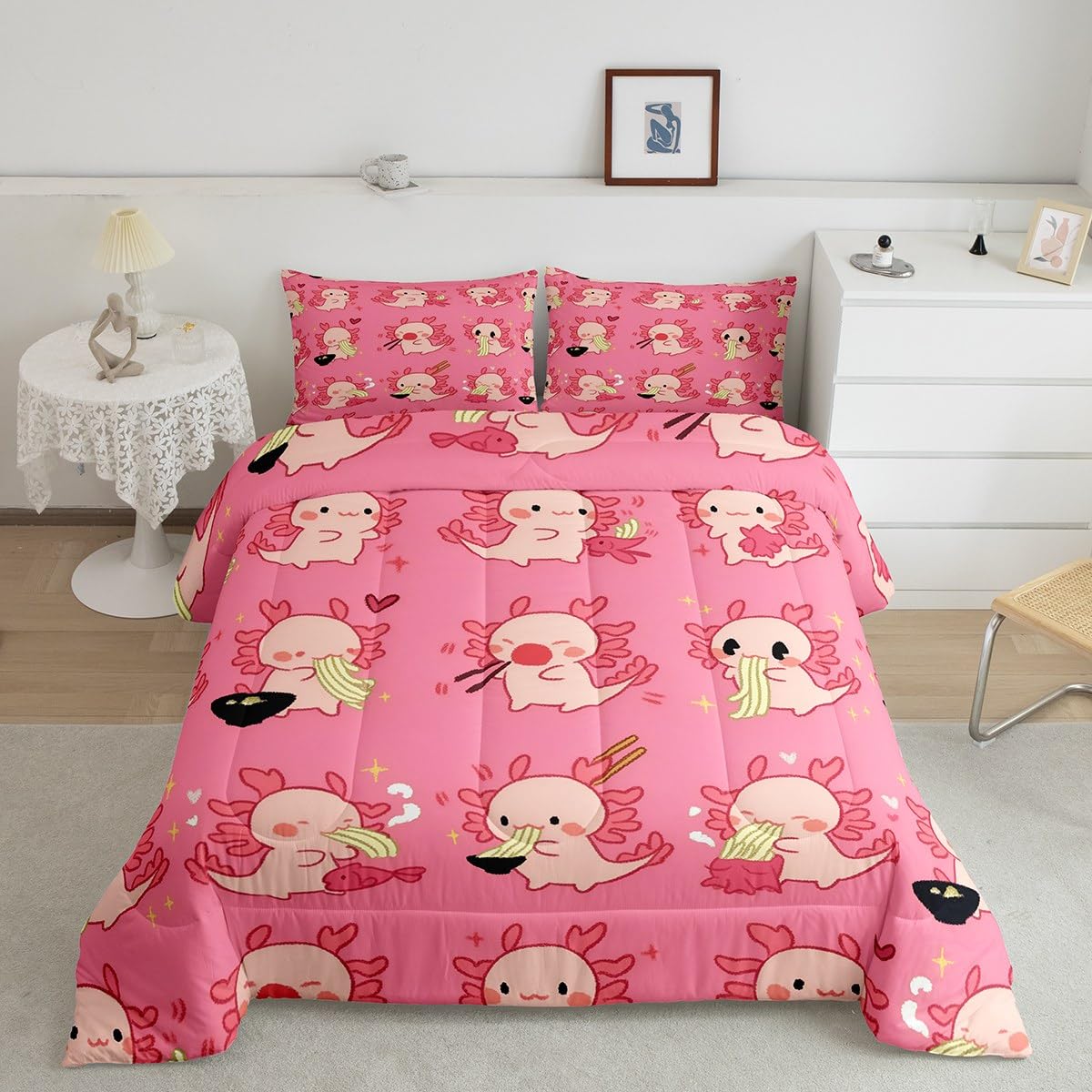 Loussiesd Lustige Axolotl Bettdecke 135x200cm Nette Axolotl Fisch Geschenke für Kinder Jungen Mädchen Steppbett Ultra weiche Axolotl gezogen Nudeln Muster 4-Jahreszeiten Bettdecke Steppdecke