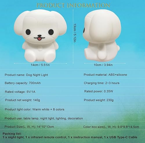 Miniatura 8 de Luz nocturna para niños, bonita lámpara de perro táctil, luz de estado de ánimo, luz LED suave con 9 colores cambiantes, regalo para niñas, niños,