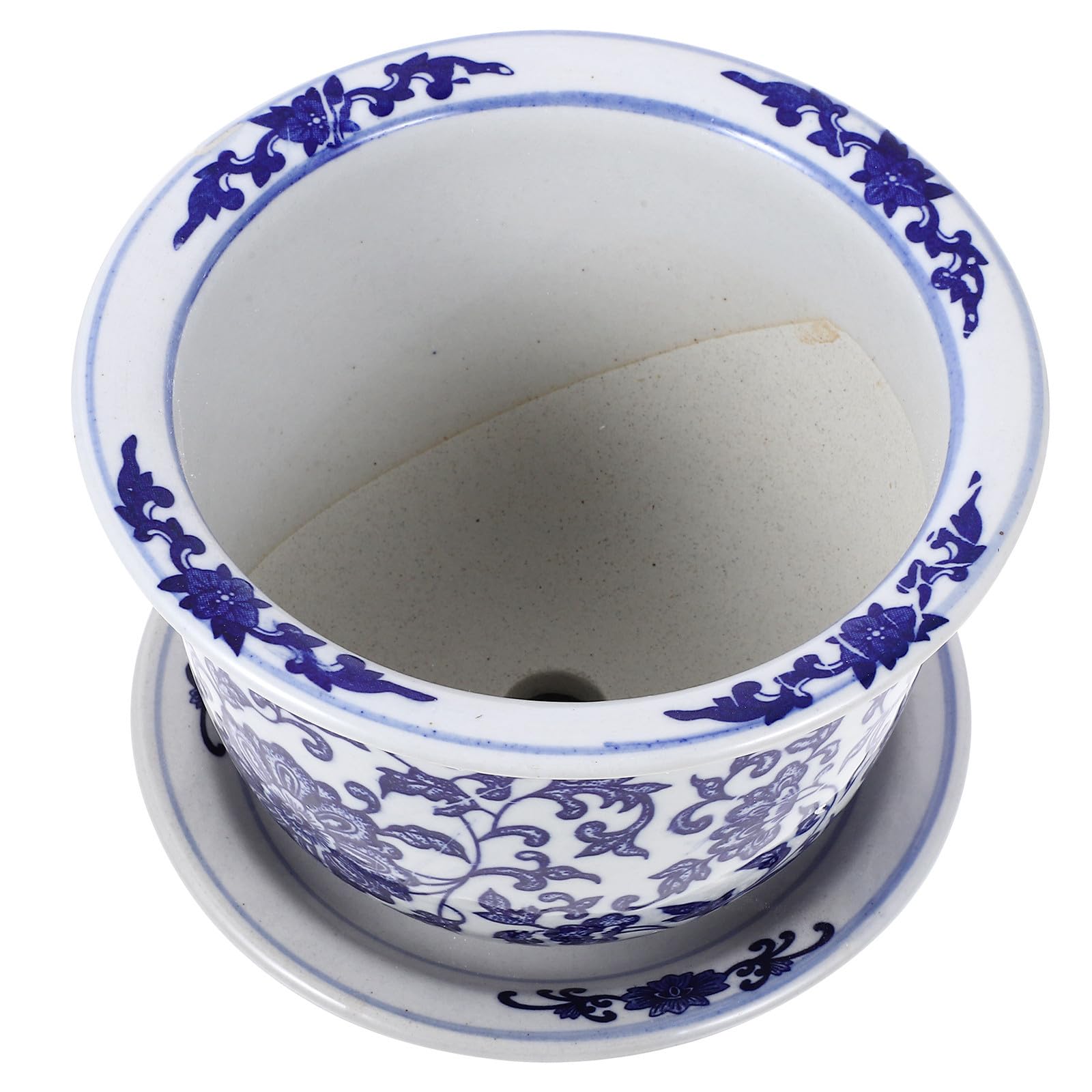 Vaso per Piante in Ceramica con Motivo Decorativo Blu e Bianco, Set da 1 con Vassoio, per Fiori e Piante Grasse da Interno o Ufficio