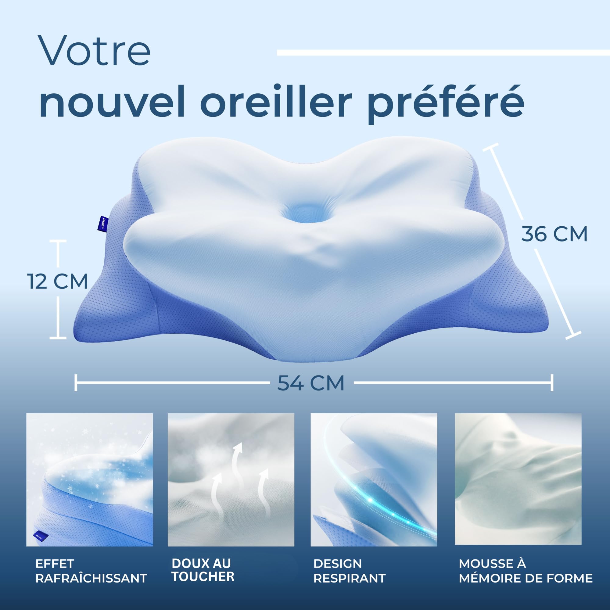 Derila Oreiller Mémoire de Forme Cervical Papillon Rafraîchissant pour Dormeurs Côté Dos et Ventre