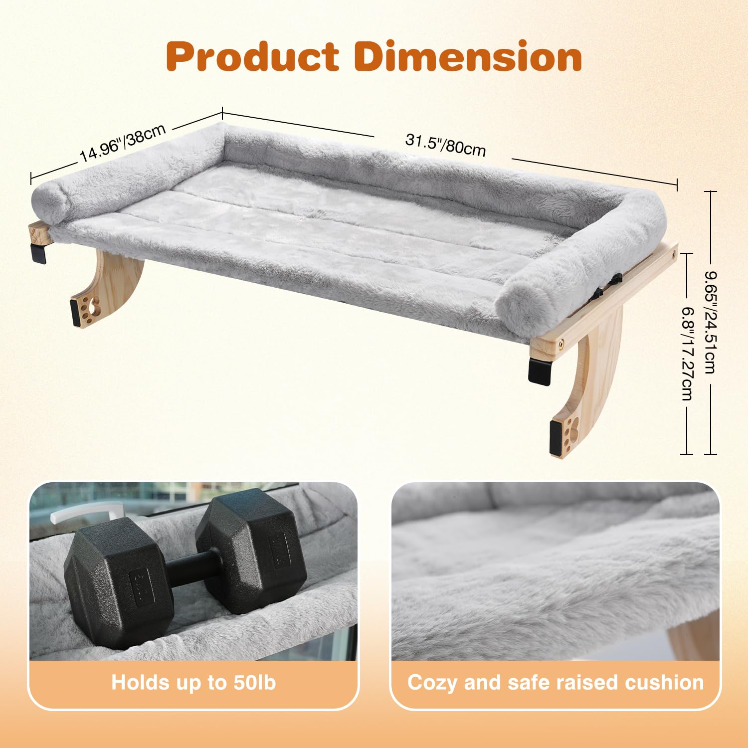 Ospolo per finestra per gatti di grandi dimensioni, 80 x 38 cm, amaca per finestra per gatti con cuscino in peluche per felini grandi e felini, letto regolabile per davanzale, comodino, armadio