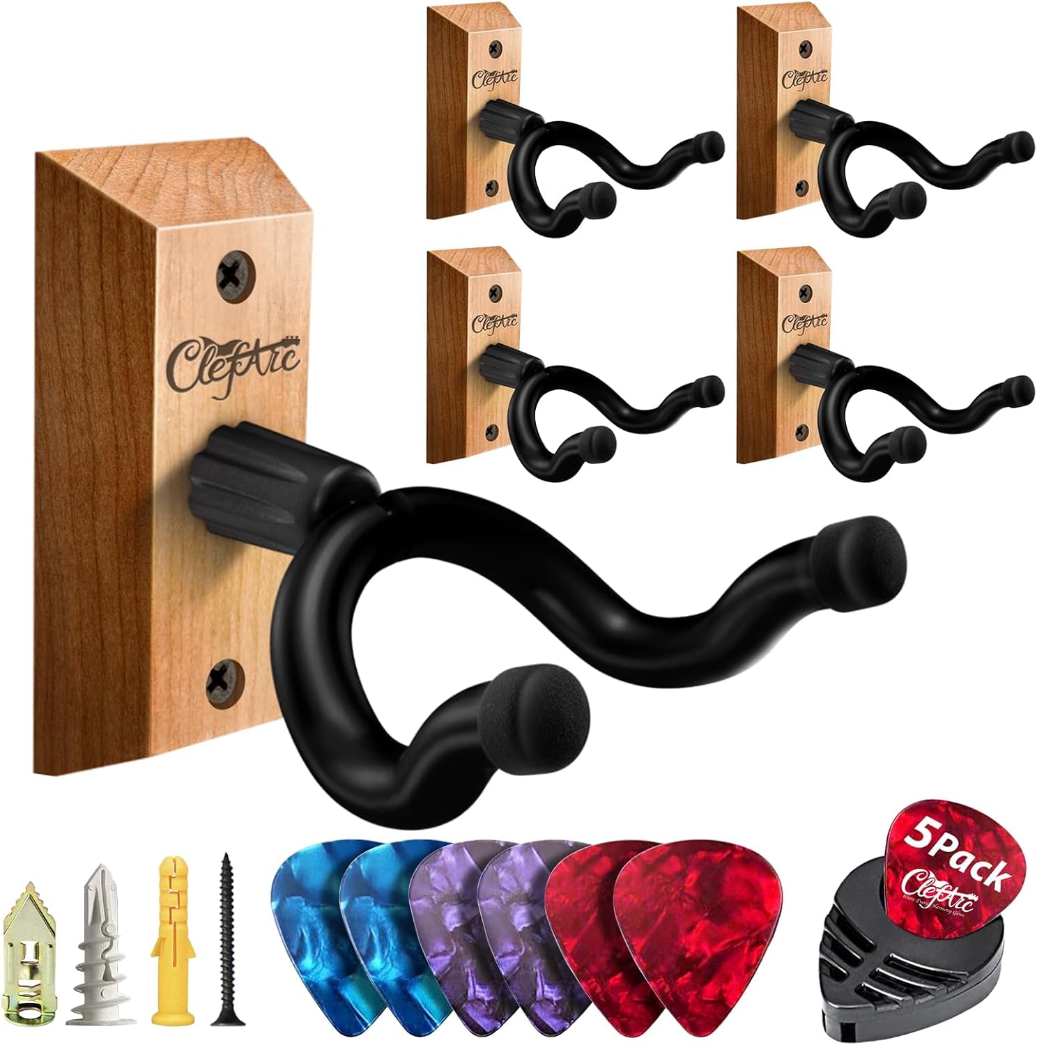 Black Guitar Wall Mount 5 Pack, Picks and Pick Holders, Cherry