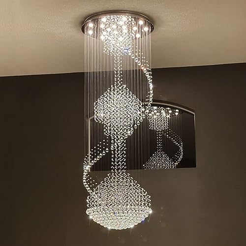 Siljoy Modern Spiral Crystal Chandelier Large Luxury Rain Drop Flush Mount Ceiling Light for Foyer Staircase Entryway D 32" X H 86.6"