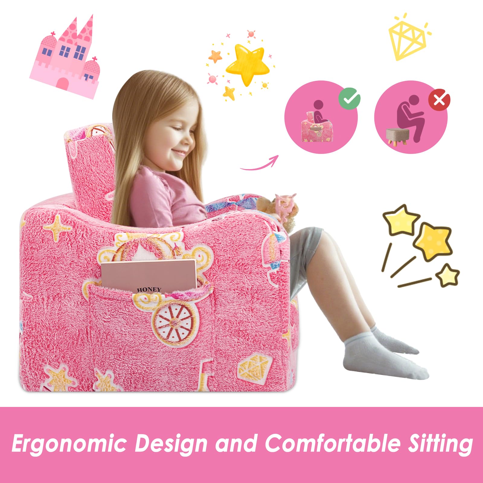 Pieghevole Divano Bambini 2-in-1, Poltroncina per Bambini Trasformabile in Lettino per Regalo Bambino,Stabile Sedia si illumina al Buio Camere da Letto, Soggiorno e Stanza per i Giochi,Castello