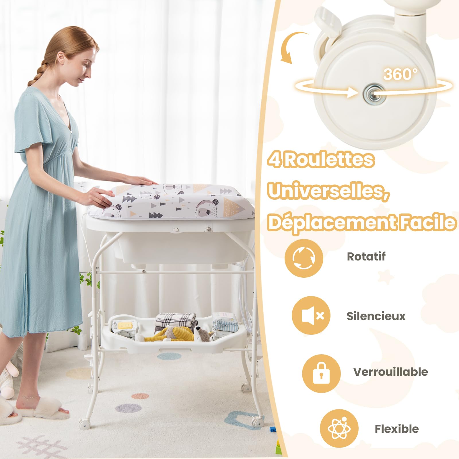 COSTWAY Table à Langer 2 en 1 avec Baignoire 20L Plateau de Rangement, Commode à Langer Pliable Couches Étanches Roue Universelle à Frein Charge 35KG, pour Bébé 0-12 Mois (Blanc)