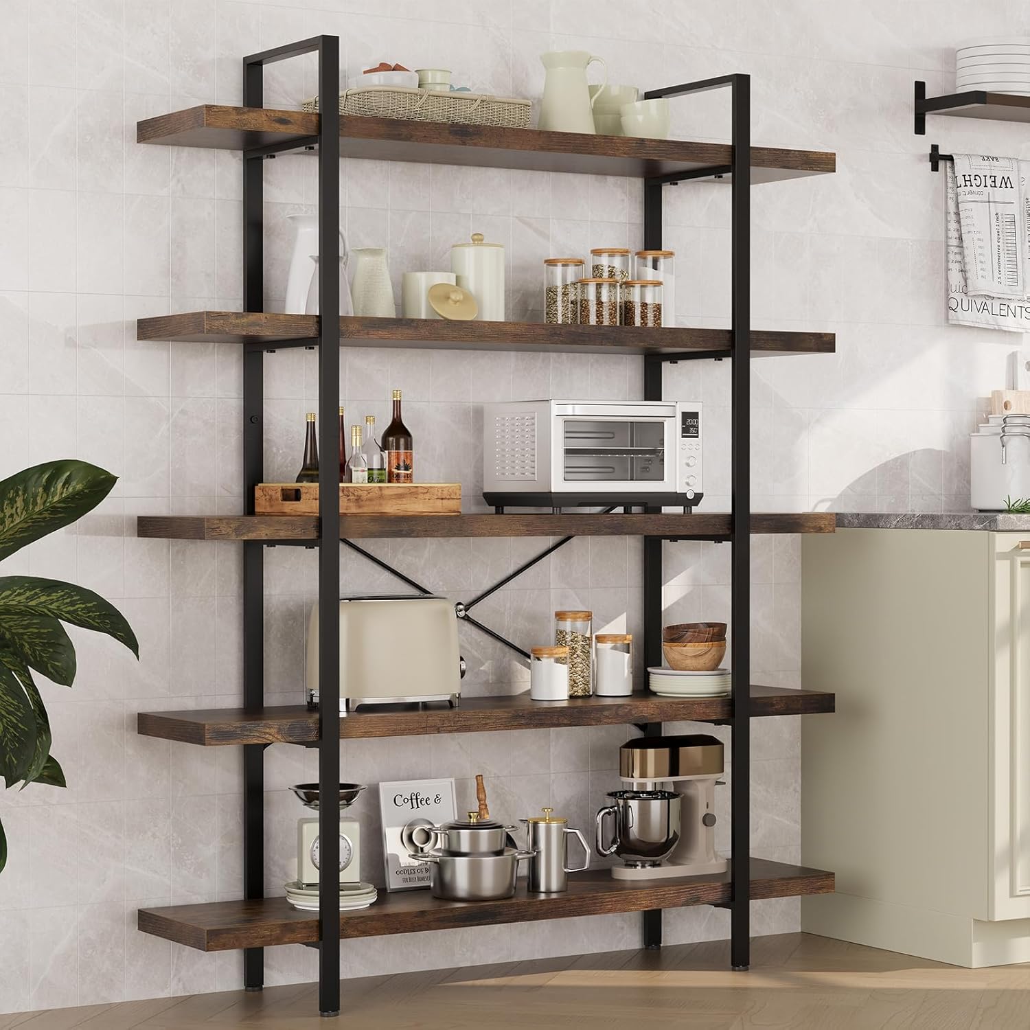 OtterOasis Heavy Duty 5-Tier Industrial Bookcase, 47" Wide Wood Bookshelf for Home Office, 120lbs Shelf Capacity, Rustic Open Shelving Display with Reinforced Horizontal Shelf for Living Room Bedroom