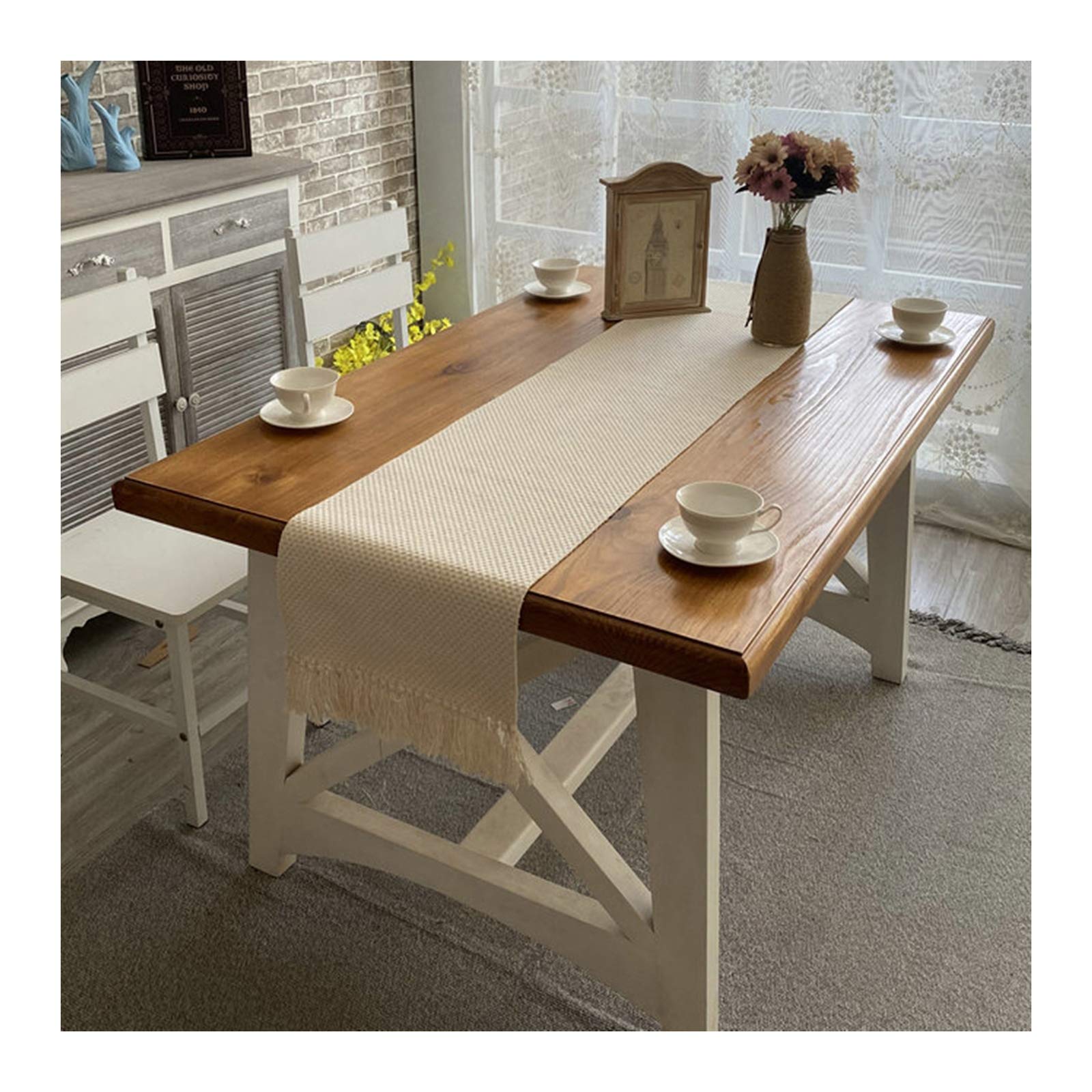 Chemin de table coton lin beige à franges pour une table de fête chaleureuse au design de plaid