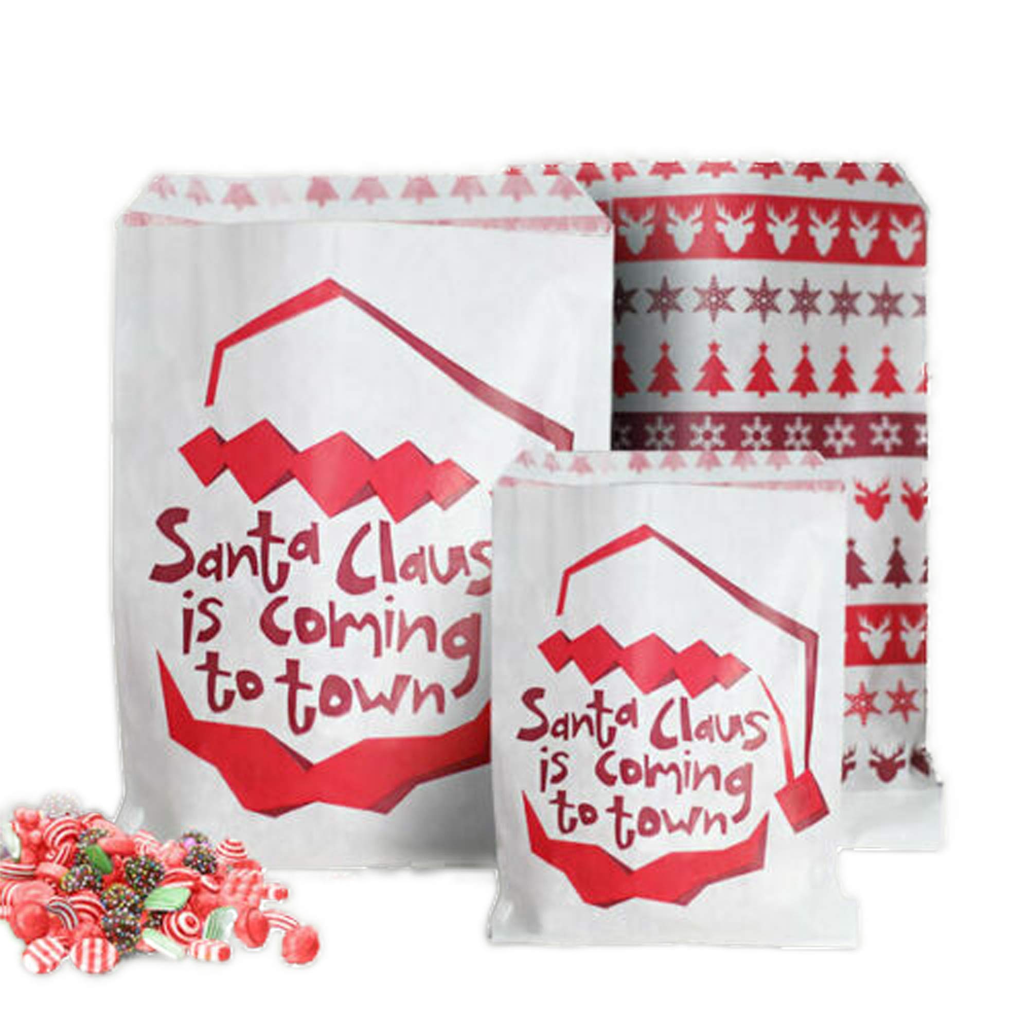 Christmas Paper Bags "Santa Claus is coming to town" Shop counter, Gift Bags, Favours, Festive party 2 Sizes (50 Bags size 7" x 9")