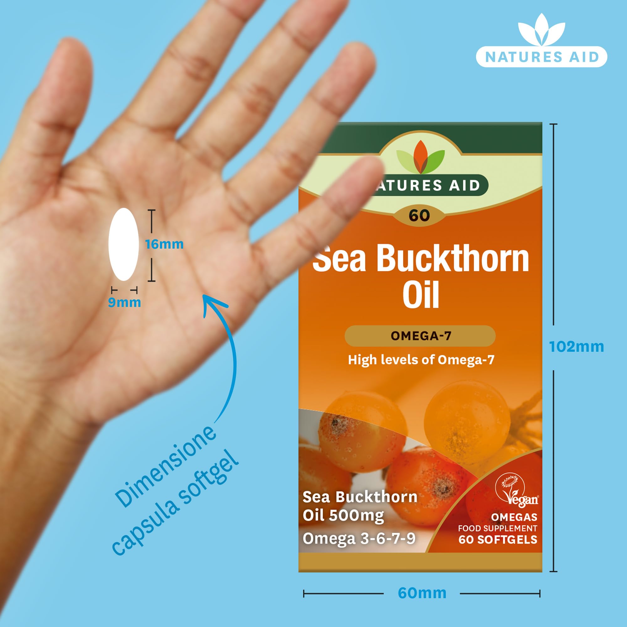 Natures Aid 100% Pure Omega-7 Sea Buckthorn Oil 500mg 60 Vegetarian Softgels