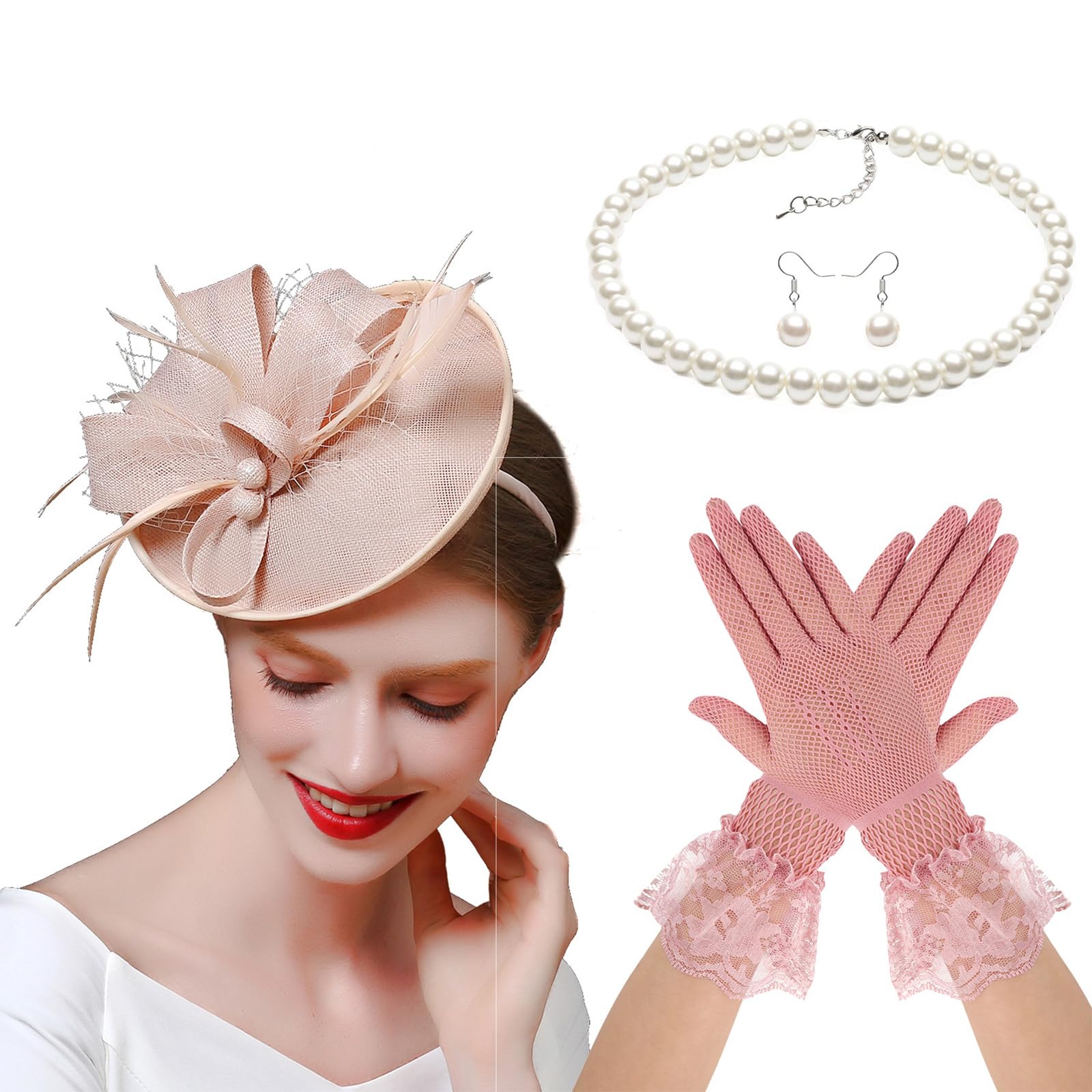 MICFENY French Feathered Bowknot Hat Necklace Earrings Gloves Set Costume Accessory For Formal Event Gathering Dressingup