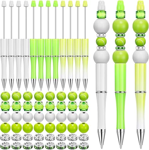 Patelai Juego de 36 bolígrafos deportivos de plástico a granel con 72 cuentas de tenis, 72 cuentas de madera, 72 cuentas de diamantes de imitación,