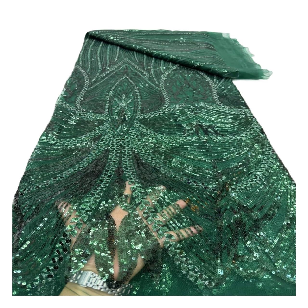 Tkanina z koralikami, cekinowy, koronkowy haft siatkowy 5 jardów | Haftowana tkanina, cekinowa koronkowa lamówka, materiał sukni ślubnej(Green)