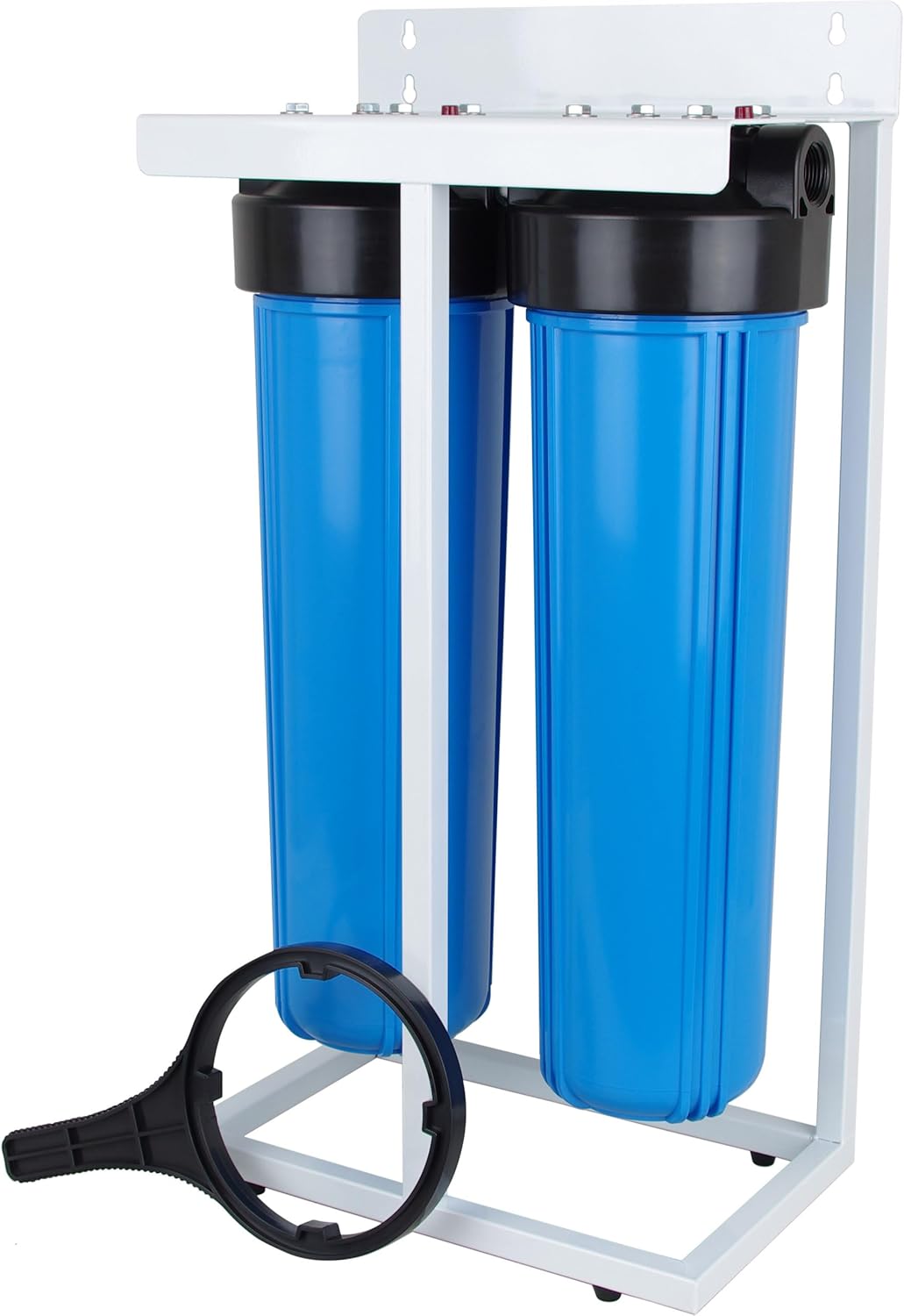 SpiroPure 2-Stage Water Filter #20 BB Filter Housings with Filter Stand, Two-Stage 20x4.5 Water Filter Housing and Freestanding Metal Frame, Twin Filter Housing