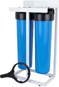 SpiroPure 2-Stage Water Filter #20 BB Filter Housings with Filter Stand, Two-Stage 20x4.5 Water Filter Housing and Freestanding Metal Frame, Twin Filter Housing