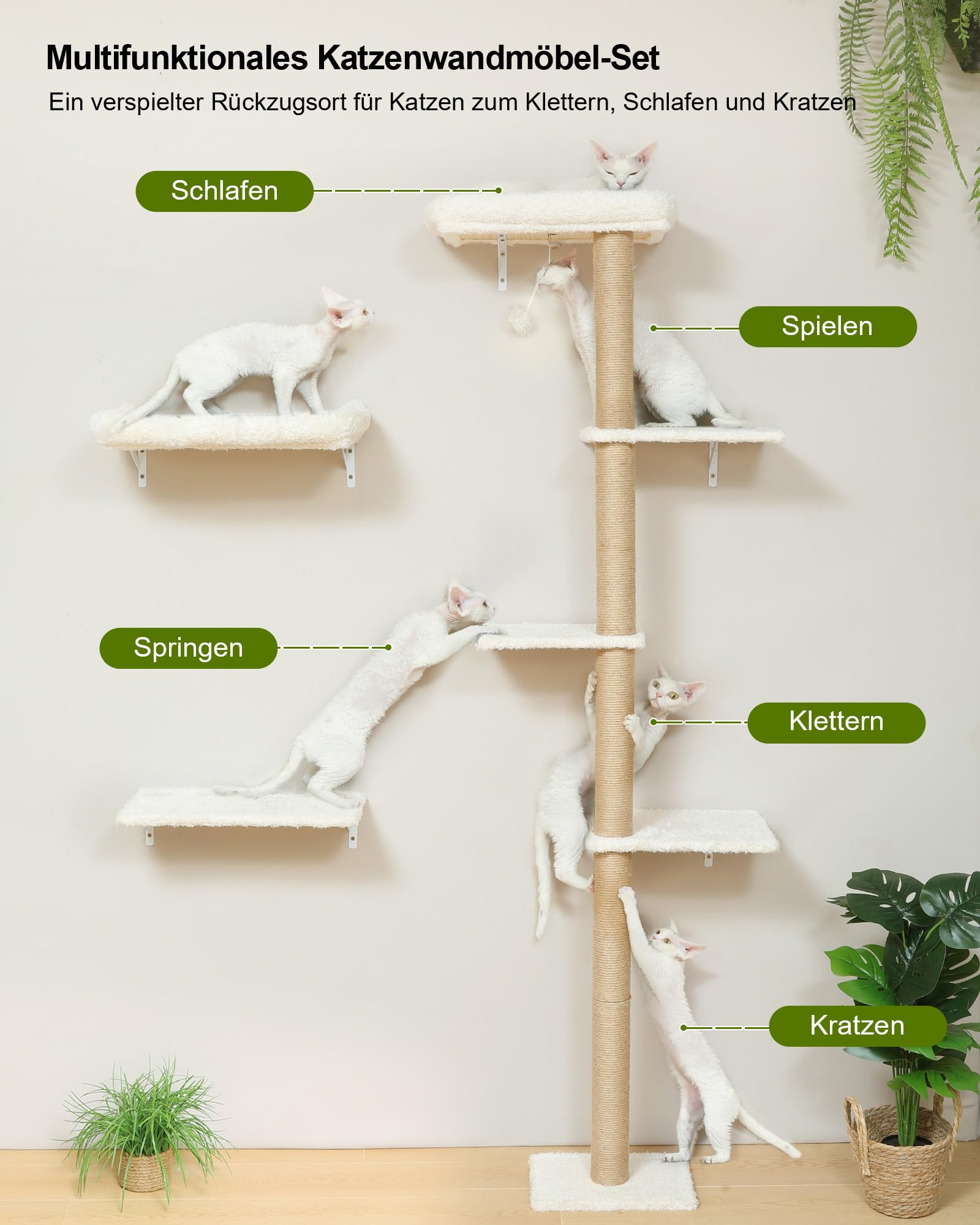 FUKUMARU Kletterwand Katzen-Set, 178 cm hoch, stabiles 3-in-1 Kratzbaum-Set aus mehrschichtigem Massivholz, Holzkatzenmöbel mit Kratzbaum-Wand und 2 Wandregalen, platzsparende Kletterwand, Beige